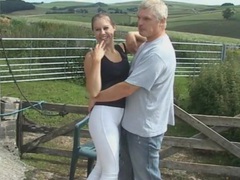 7X3.net presents: Quickie outdoors fucking ends with cum on tits for masie dee, Couple, Hardcore, Outdoor, British, Blowjob, Natural Tits, Socks, Pussy Licking, Fingering, Cowgirl, Long Hair