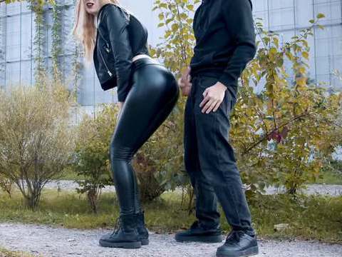 7X3.net presents: He cums on my latex leggings in public! - clothedpleasures