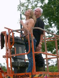 7X3.net presents: Dirty old senior bangs a teenage hottie in his boom lift