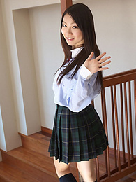 7X3.net presents: Asian schoolgirl Tomoyo Hoshino strips to stockings and poses outdoors